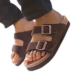 Orado Womens Size 9 Brown Faux Suede Cork Slide On Buckle Comfort Sandal Shoes